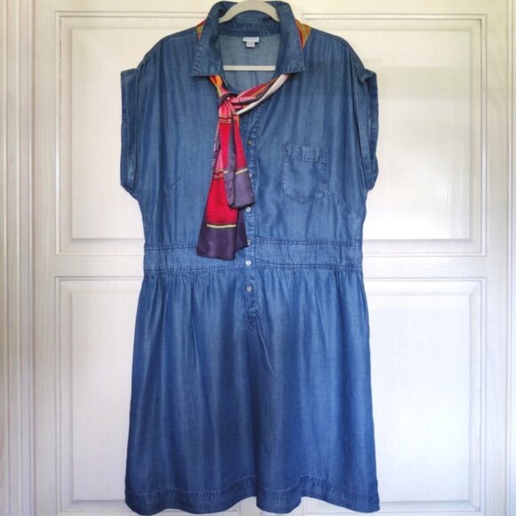 Merona Denim Cap Sleeves Fixed Waist Button Down Short Dress w/Scarf SZ XXL EUC - Picture 1 of 8